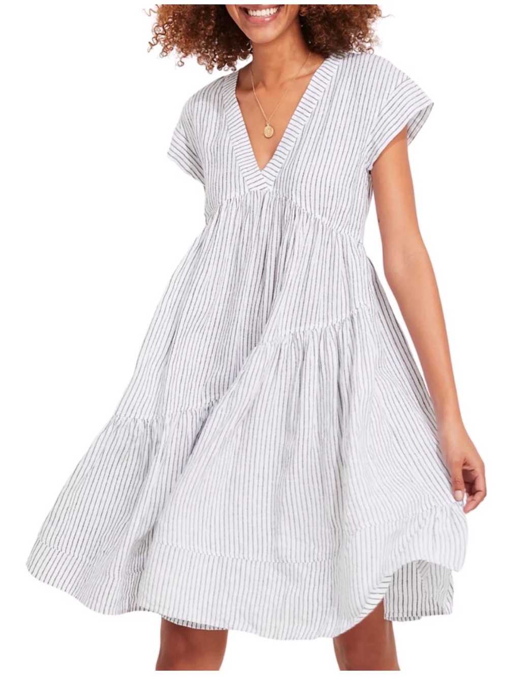 Vineyard Vines White Dress with Black Stripes - V-Neck Tiered Midi